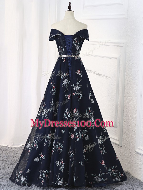 Fitting Floor Length Multi-color Prom Dresses Printed Sleeveless Beading and Belt