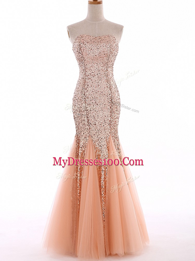 Pretty Peach Sleeveless Floor Length Sequins Lace Up Dress for Prom