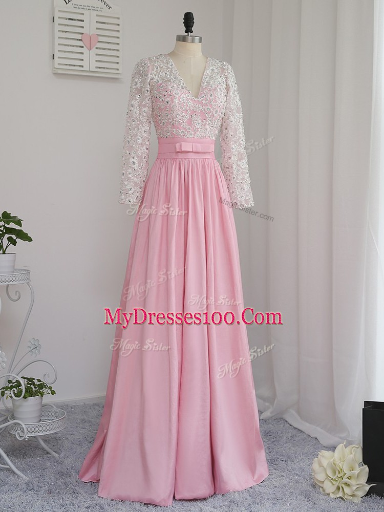 Floor Length Baby Pink Homecoming Dress V-neck Long Sleeves Zipper