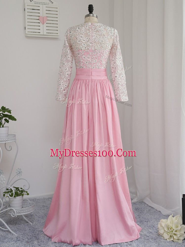 Floor Length Baby Pink Homecoming Dress V-neck Long Sleeves Zipper
