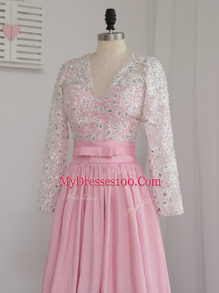 Floor Length Baby Pink Homecoming Dress V-neck Long Sleeves Zipper