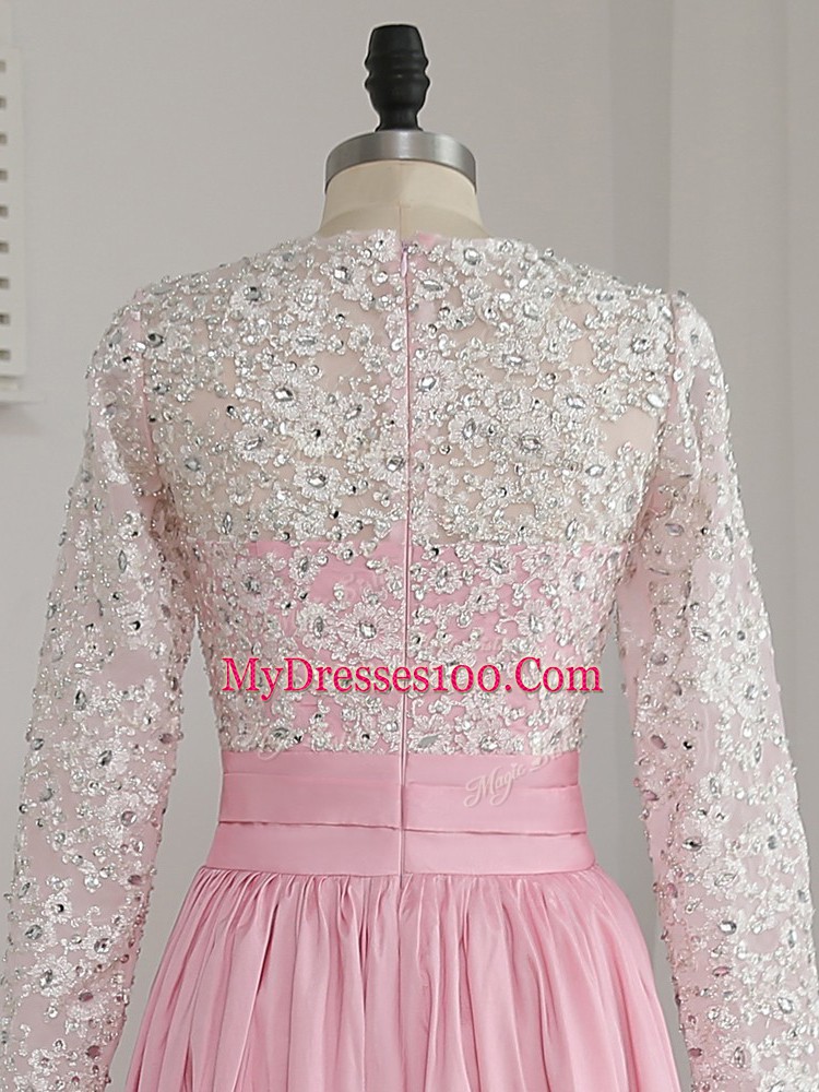 Floor Length Baby Pink Homecoming Dress V-neck Long Sleeves Zipper