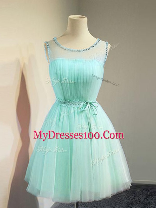 Popular Tulle Scoop Sleeveless Lace Up Belt Quinceanera Court of Honor Dress in Apple Green