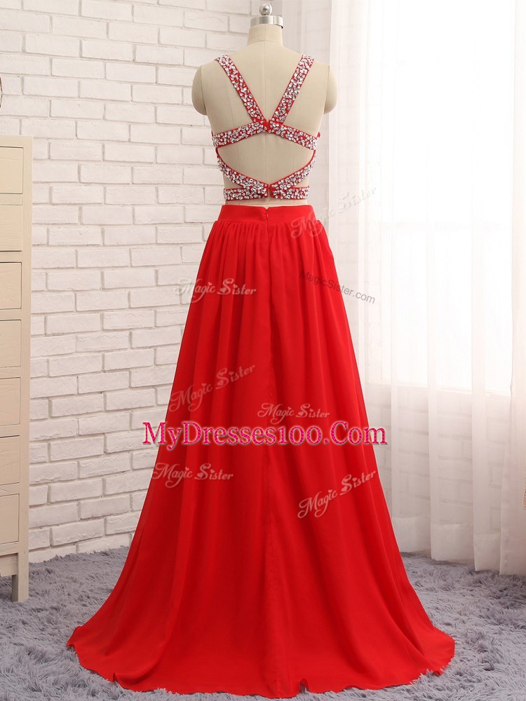Glittering Sleeveless Brush Train Criss Cross Beading Prom Dress