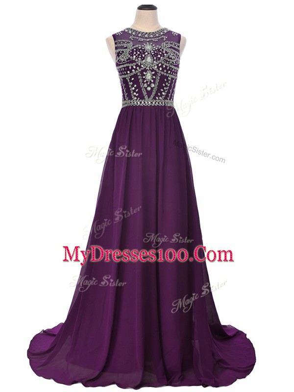 Fabulous Purple Scoop Neckline Beading Short Sleeves Side Zipper