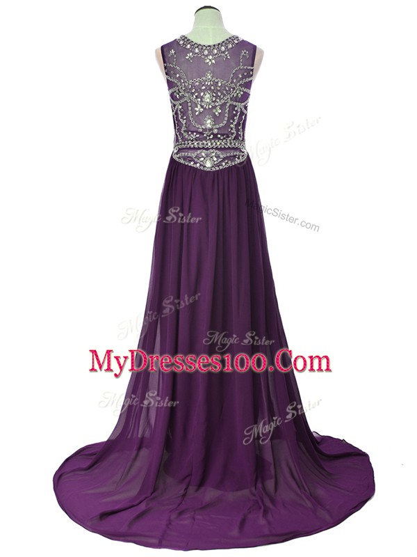 Fabulous Purple Scoop Neckline Beading Short Sleeves Side Zipper