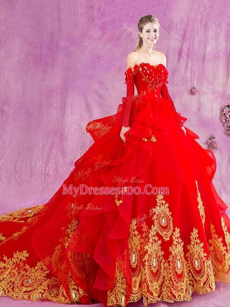 Red Sleeveless Tulle Court Train Lace Up Quince Ball Gowns for Military Ball and Sweet 16 and Quinceanera