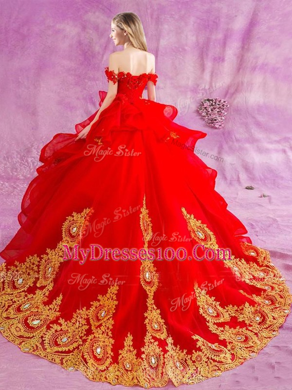 Red Sleeveless Tulle Court Train Lace Up Quince Ball Gowns for Military Ball and Sweet 16 and Quinceanera