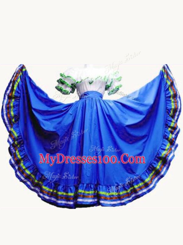 Discount Royal Blue Ball Gowns Taffeta Off The Shoulder Short Sleeves Ruffled Layers Floor Length Lace Up Sweet 16 Quinceanera Dress
