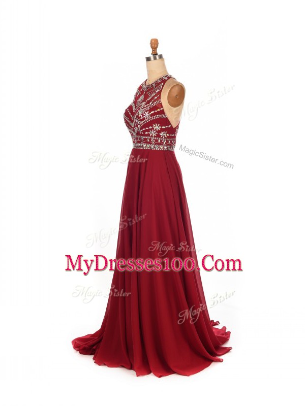 Inexpensive Wine Red Criss Cross Prom Party Dress Beading Sleeveless Brush Train