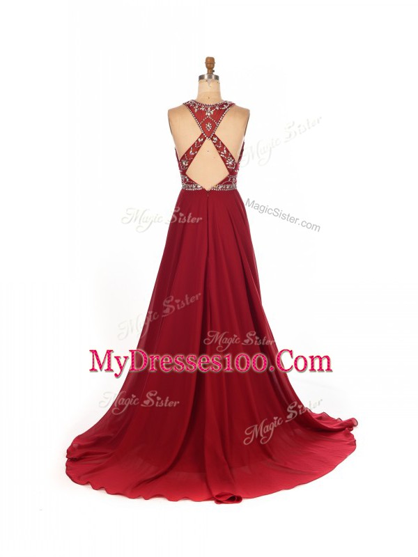 Inexpensive Wine Red Criss Cross Prom Party Dress Beading Sleeveless Brush Train