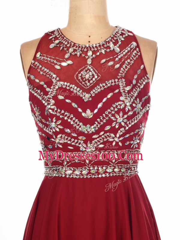 Inexpensive Wine Red Criss Cross Prom Party Dress Beading Sleeveless Brush Train
