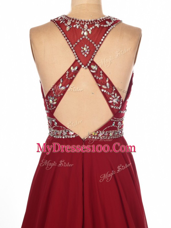Inexpensive Wine Red Criss Cross Prom Party Dress Beading Sleeveless Brush Train