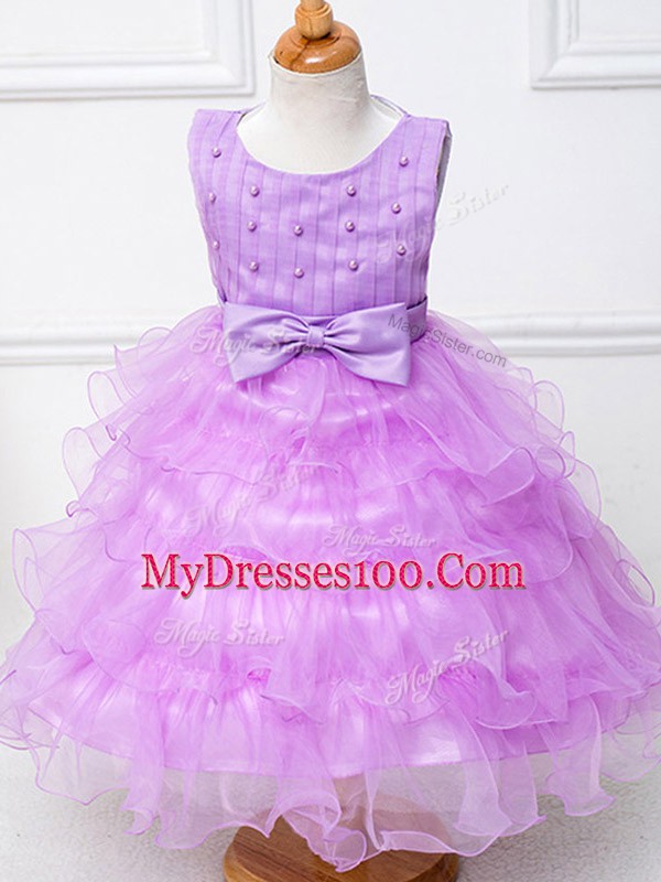 Charming Lilac Scoop Neckline Ruffled Layers and Bowknot Kids Formal Wear Sleeveless Zipper