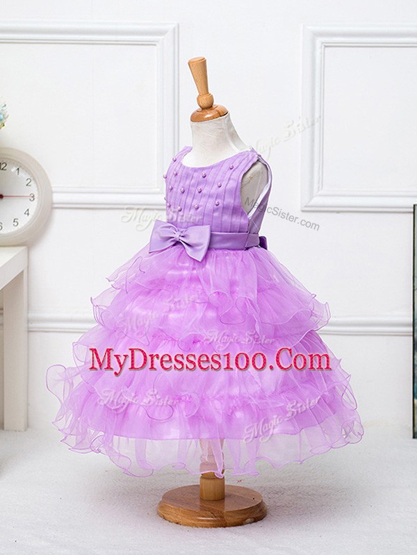 Charming Lilac Scoop Neckline Ruffled Layers and Bowknot Kids Formal Wear Sleeveless Zipper