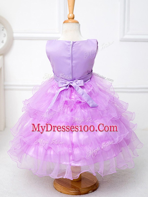 Charming Lilac Scoop Neckline Ruffled Layers and Bowknot Kids Formal Wear Sleeveless Zipper