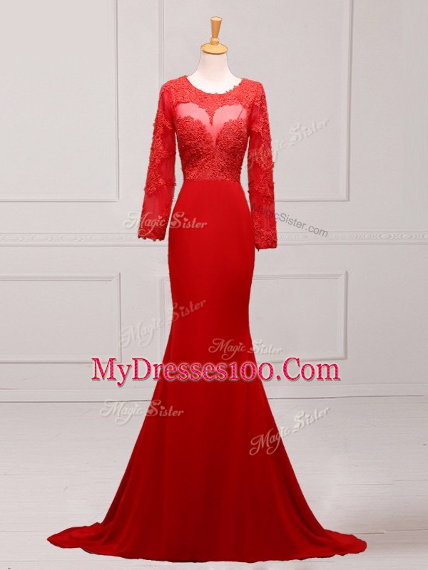 Delicate Red Chiffon Zipper Mother Of The Bride Dress Long Sleeves Brush Train Lace and Appliques