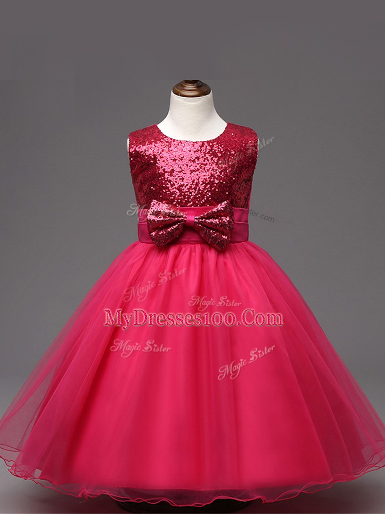 Best Hot Pink Zipper Scoop Sequins and Bowknot Little Girls Pageant Dress Organza Sleeveless