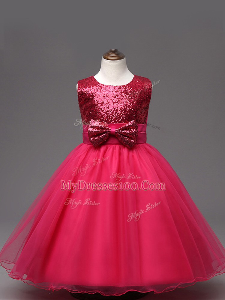 Best Hot Pink Zipper Scoop Sequins and Bowknot Little Girls Pageant Dress Organza Sleeveless