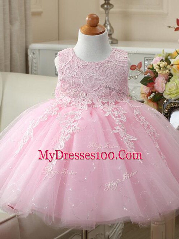 Baby Pink Tulle Zipper Toddler Flower Girl Dress Sleeveless Knee Length Appliques and Bowknot