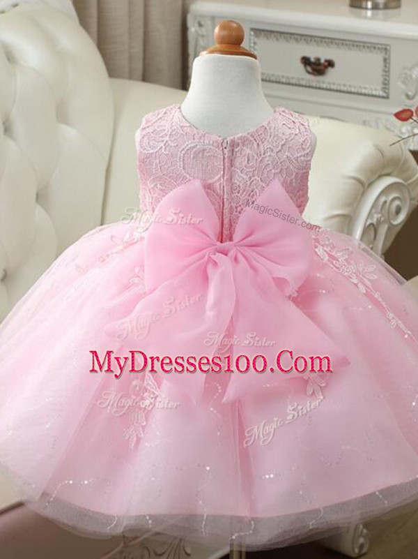 Baby Pink Tulle Zipper Toddler Flower Girl Dress Sleeveless Knee Length Appliques and Bowknot
