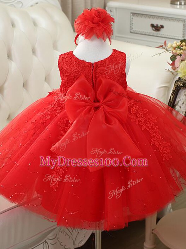 Baby Pink Tulle Zipper Toddler Flower Girl Dress Sleeveless Knee Length Appliques and Bowknot