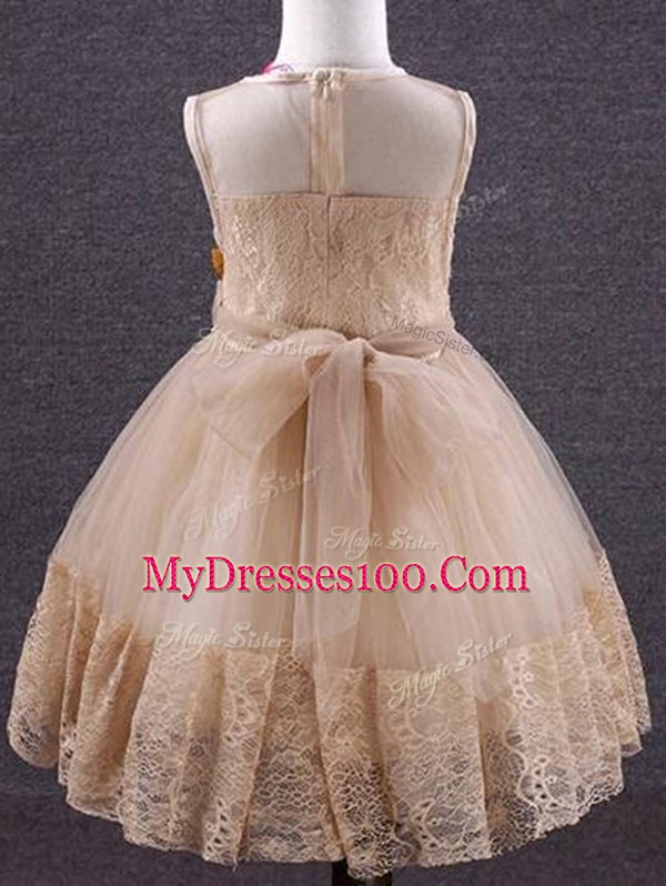Colorful Champagne Sleeveless Lace and Hand Made Flower Knee Length Flower Girl Dresses