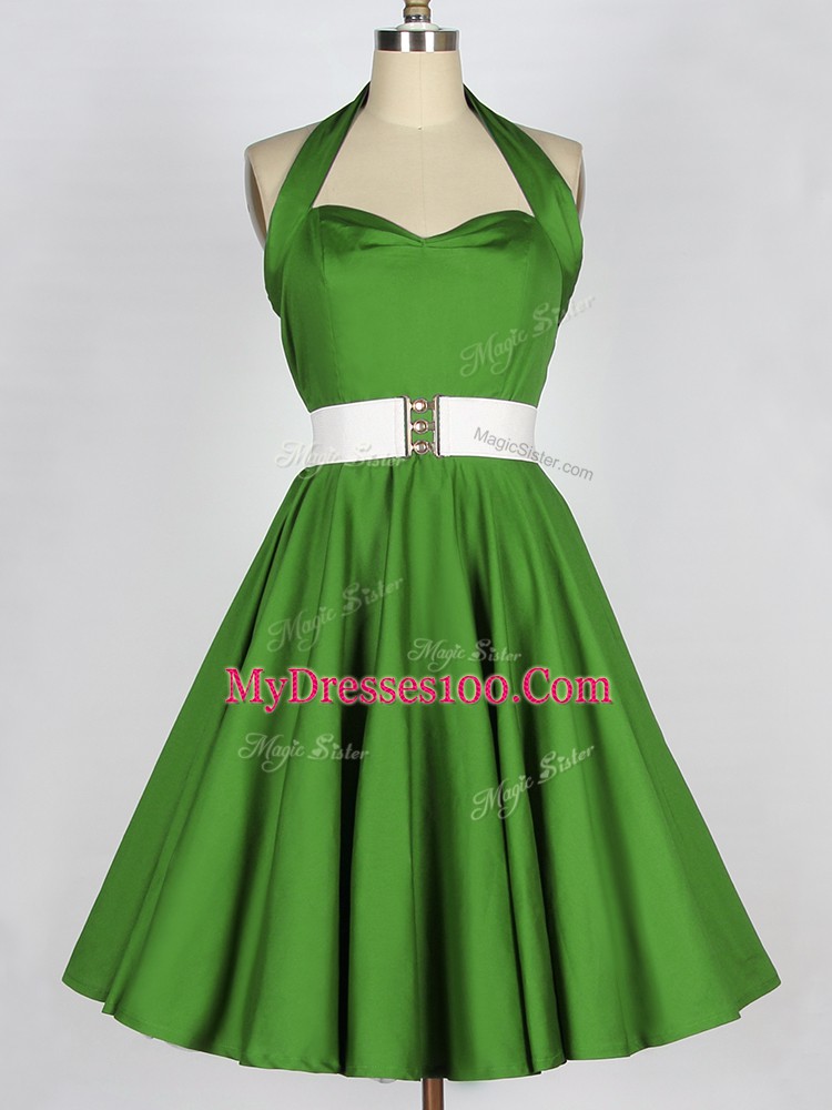 Green A-line Taffeta Halter Top Sleeveless Belt Knee Length Lace Up Dama Dress