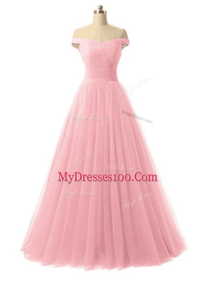 Comfortable Baby Pink Sleeveless Ruching Floor Length Prom Party Dress