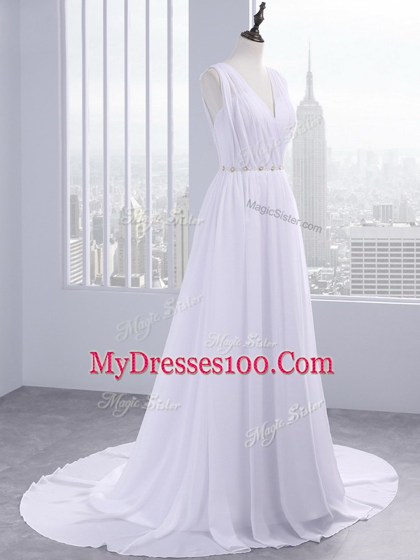 Stunning White Sleeveless Beading and Ruching Backless Wedding Dresses
