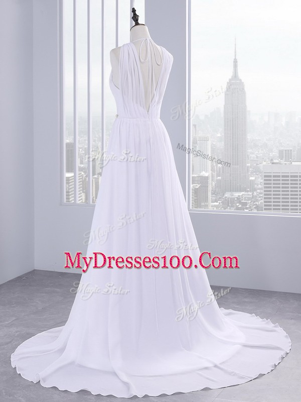 Stunning White Sleeveless Beading and Ruching Backless Wedding Dresses
