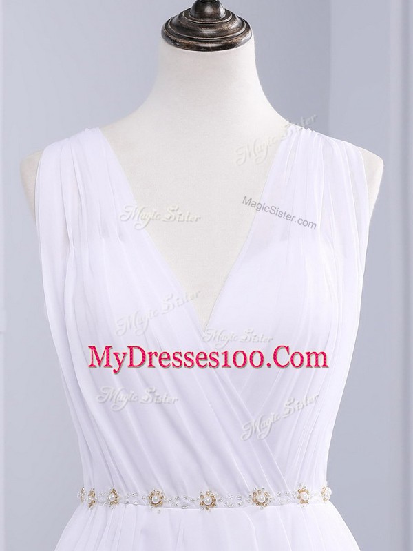 Stunning White Sleeveless Beading and Ruching Backless Wedding Dresses