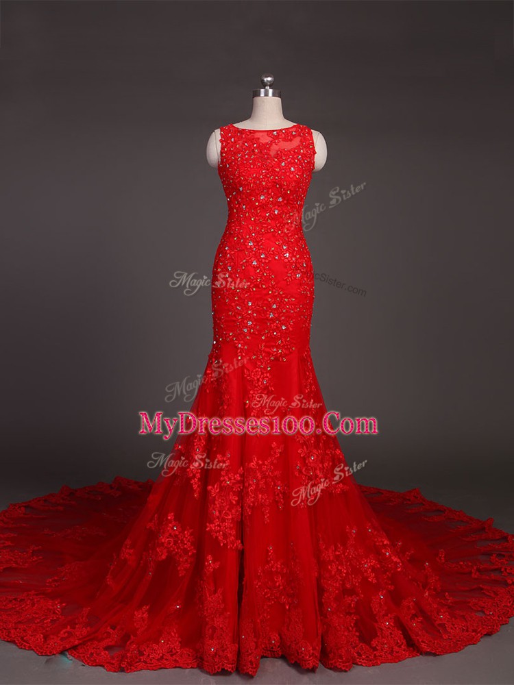 Sleeveless Court Train Backless Beading and Lace and Appliques Prom Evening Gown