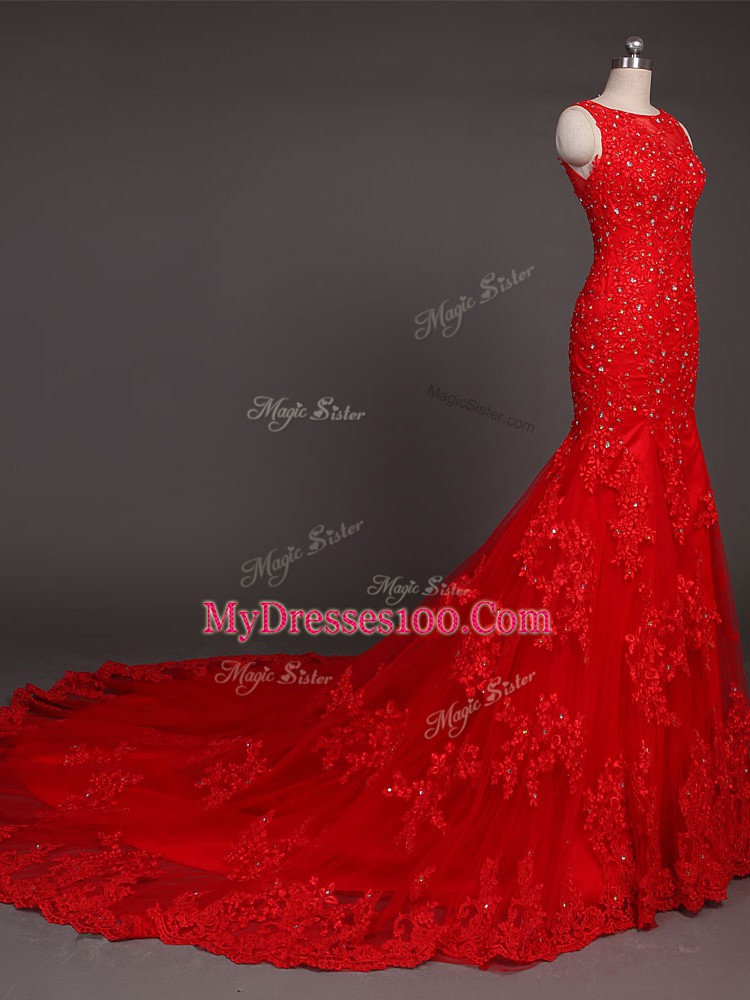 Sleeveless Court Train Backless Beading and Lace and Appliques Prom Evening Gown