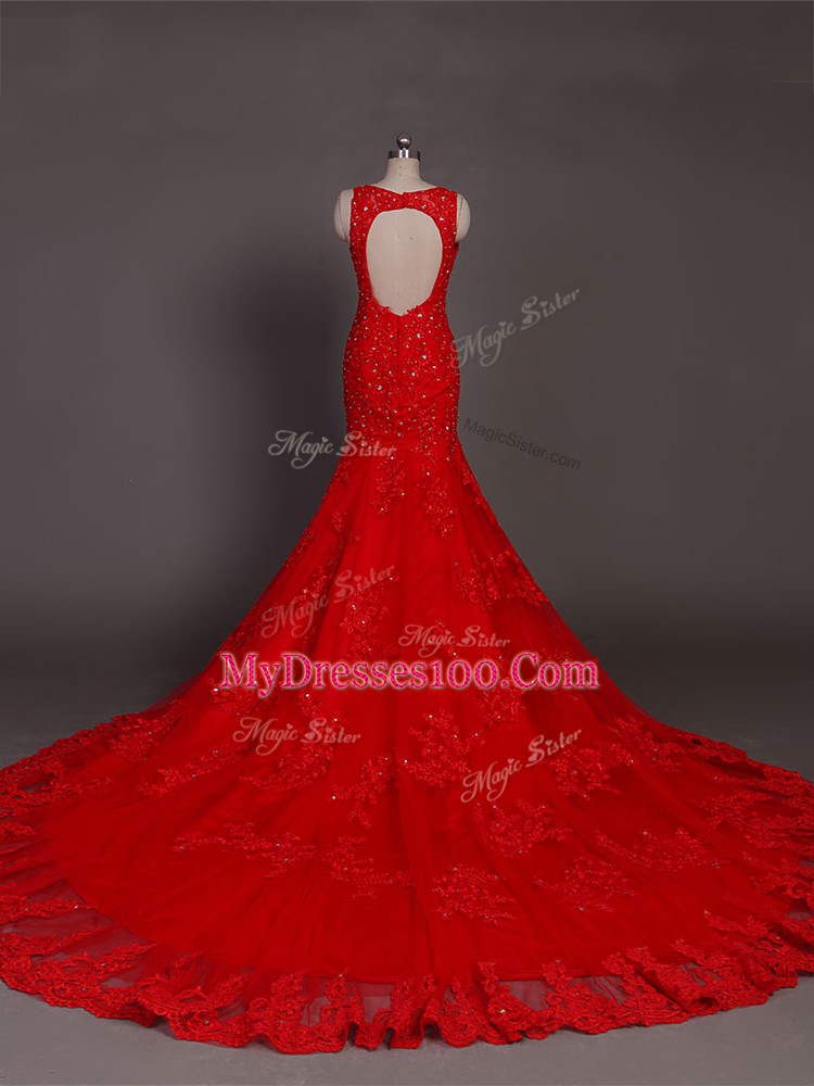 Sleeveless Court Train Backless Beading and Lace and Appliques Prom Evening Gown