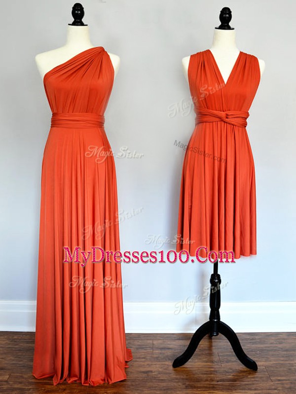 Fantastic Orange Red Sleeveless Ruching Floor Length Bridesmaid Gown
