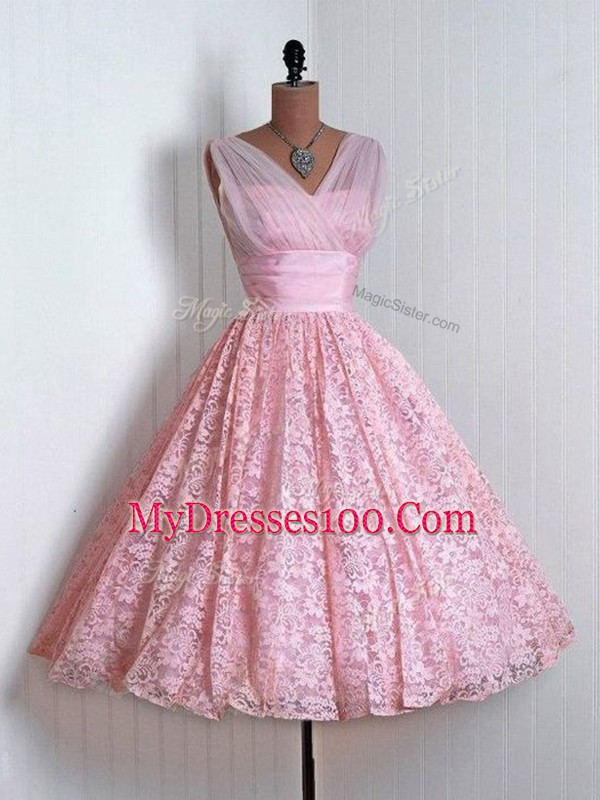 Cheap Sleeveless Lace Mini Length Lace Up Court Dresses for Sweet 16 in Baby Pink with Lace