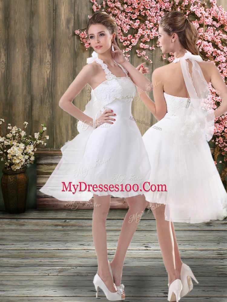 Super Sleeveless Mini Length Ruching Backless Bridal Gown with White