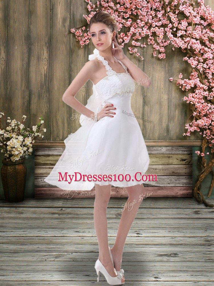 Super Sleeveless Mini Length Ruching Backless Bridal Gown with White