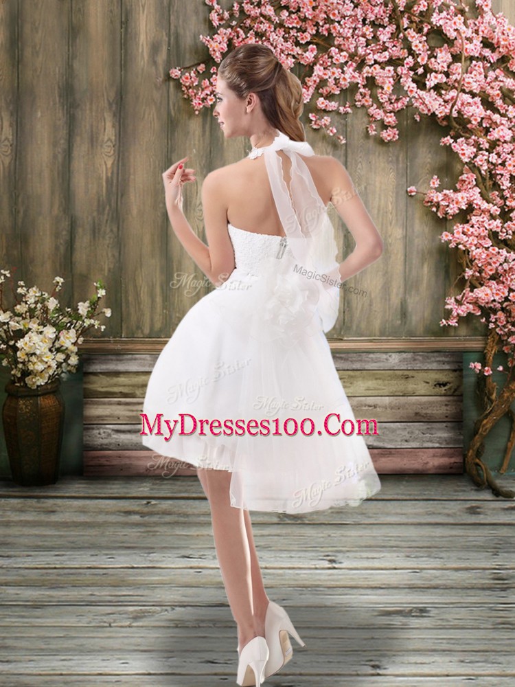 Super Sleeveless Mini Length Ruching Backless Bridal Gown with White