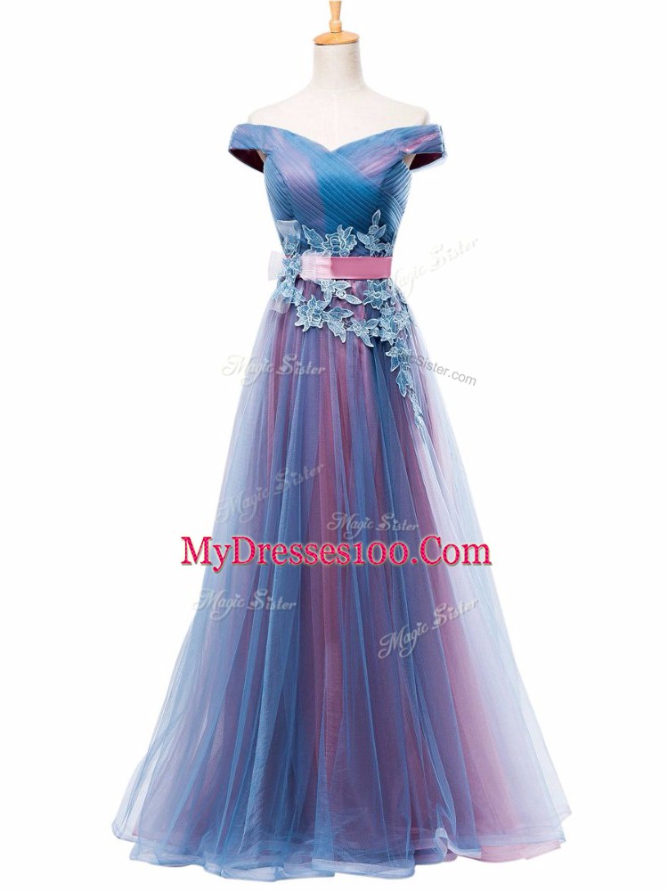 Off The Shoulder Sleeveless Floor Length Appliques and Ruching and Belt Multi-color Tulle
