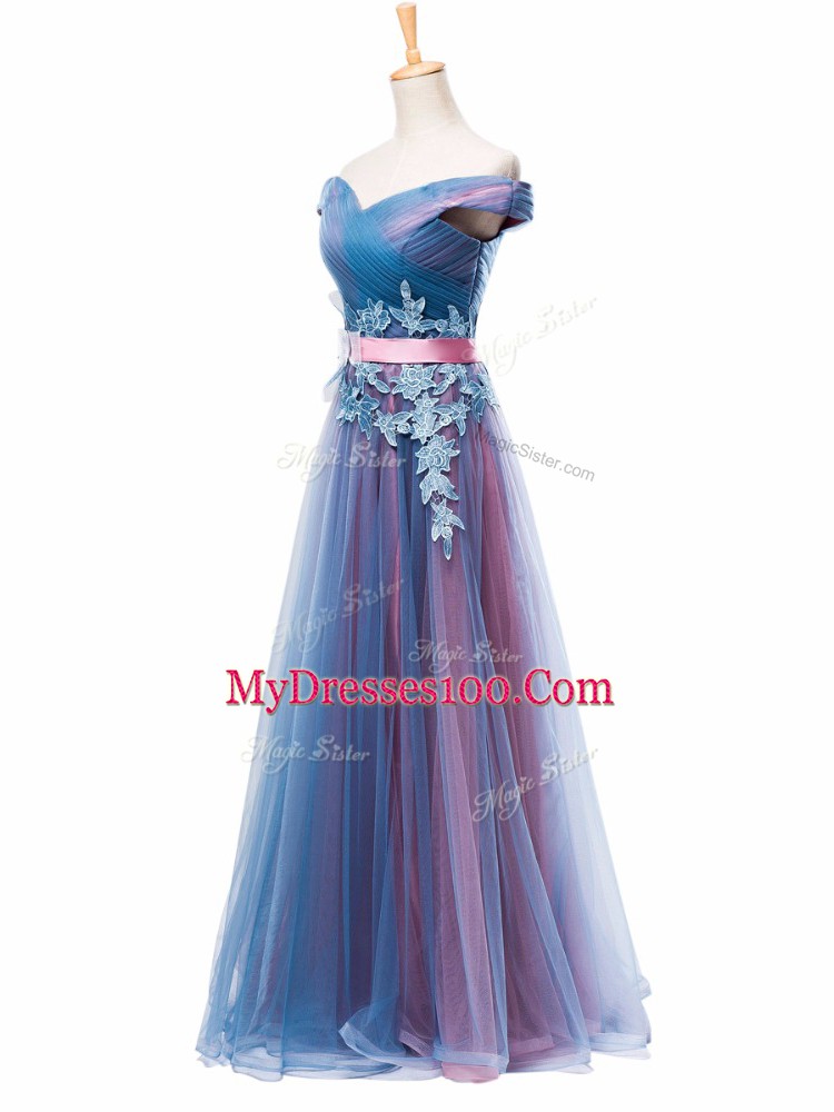 Off The Shoulder Sleeveless Floor Length Appliques and Ruching and Belt Multi-color Tulle