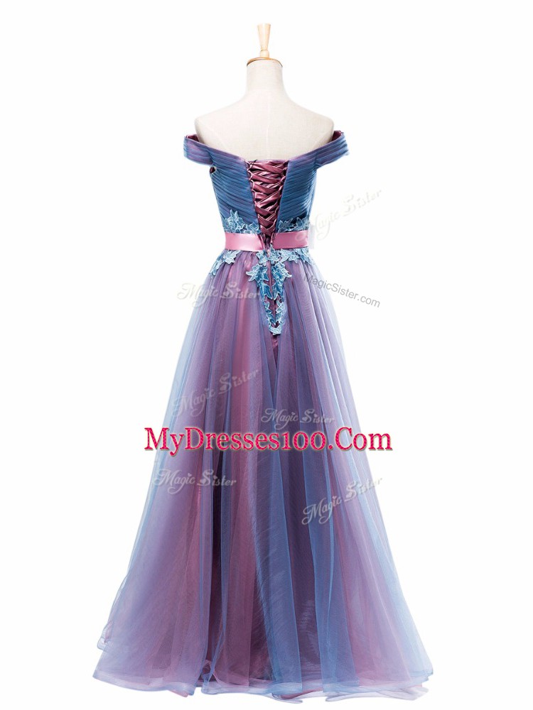 Off The Shoulder Sleeveless Floor Length Appliques and Ruching and Belt Multi-color Tulle