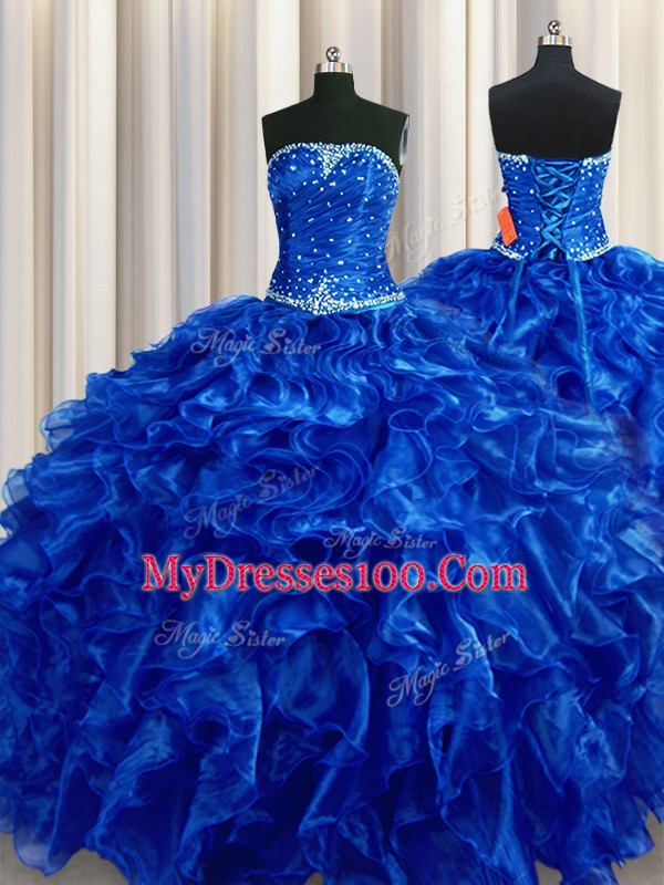 Strapless Sleeveless Lace Up Quinceanera Gown Royal Blue Organza