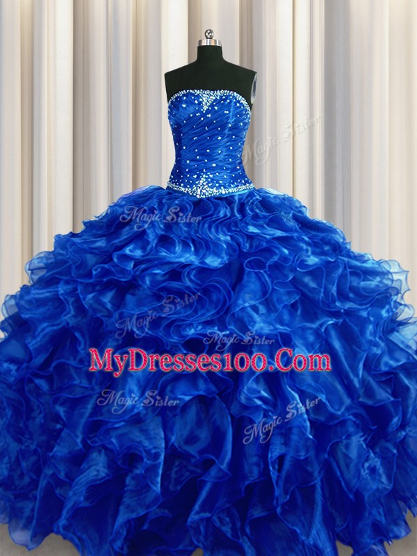 Strapless Sleeveless Lace Up Quinceanera Gown Royal Blue Organza