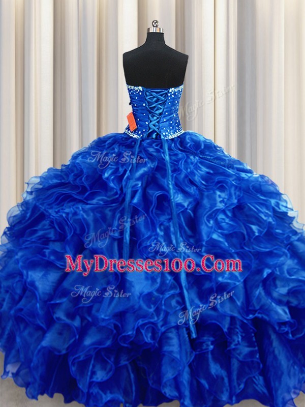 Strapless Sleeveless Lace Up Quinceanera Gown Royal Blue Organza
