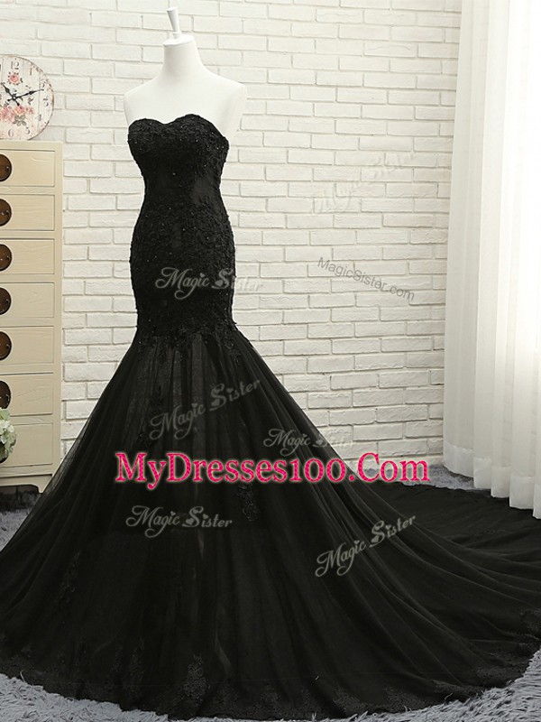 Spectacular Black Sleeveless Tulle Court Train Lace Up Prom Evening Gown for Prom and Party