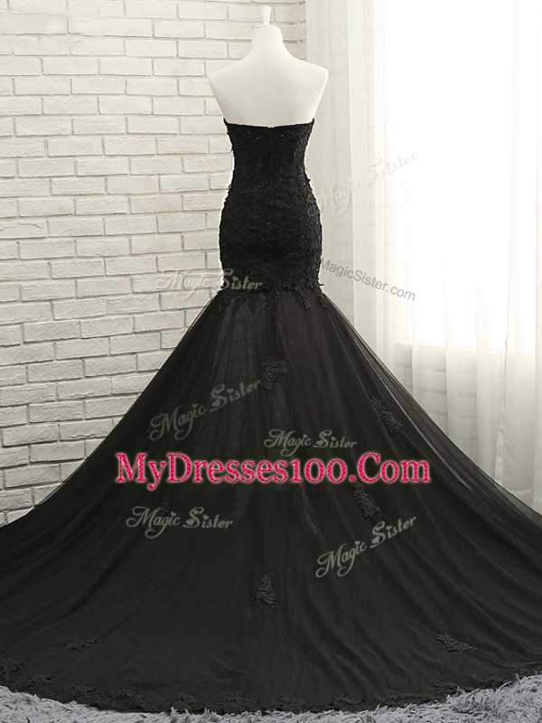 Spectacular Black Sleeveless Tulle Court Train Lace Up Prom Evening Gown for Prom and Party