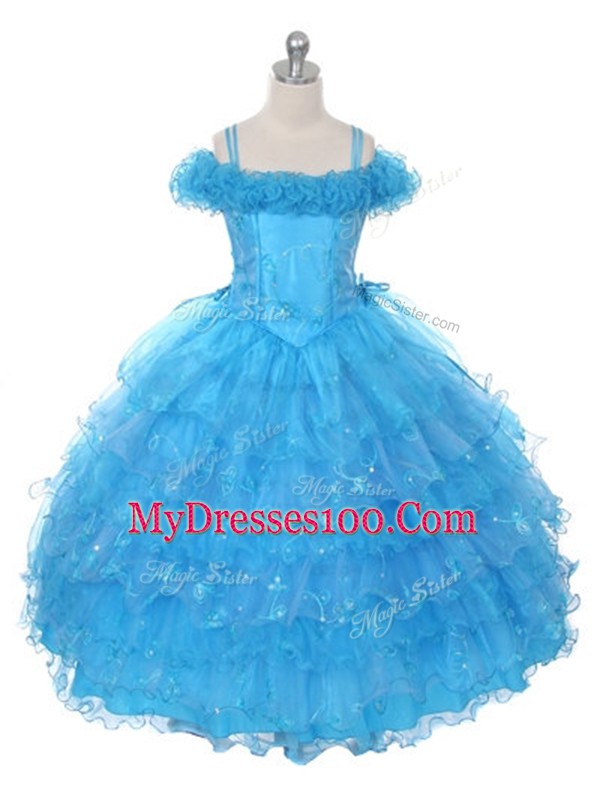 Fancy Organza Off The Shoulder Sleeveless Lace Up Ruffles and Ruffled Layers Kids Pageant Dress in Baby Blue