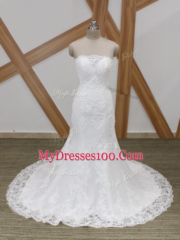 High Quality White Sleeveless Tulle Brush Train Lace Up Wedding Dress for Wedding Party